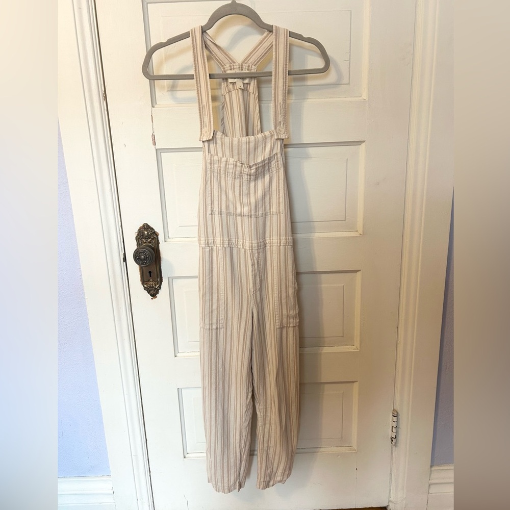 Anthropologie Cloth & Stone Linen Cream Tan Striped Overalls Small Boho Coastal